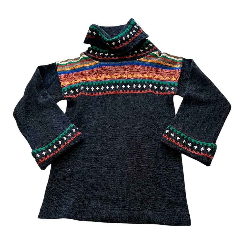 Skiva Vintage Cowl Neck Sweater Black Colorful Pattern Winter Fall Cozy Comfy